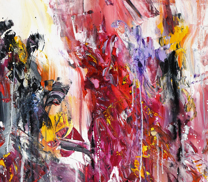 Detail of the abstract and detailed, red colorful painting. Acrylic on canvas