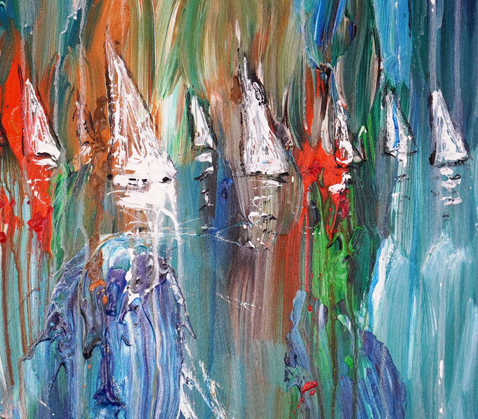 detail photo of the large vibrant sail boat painting