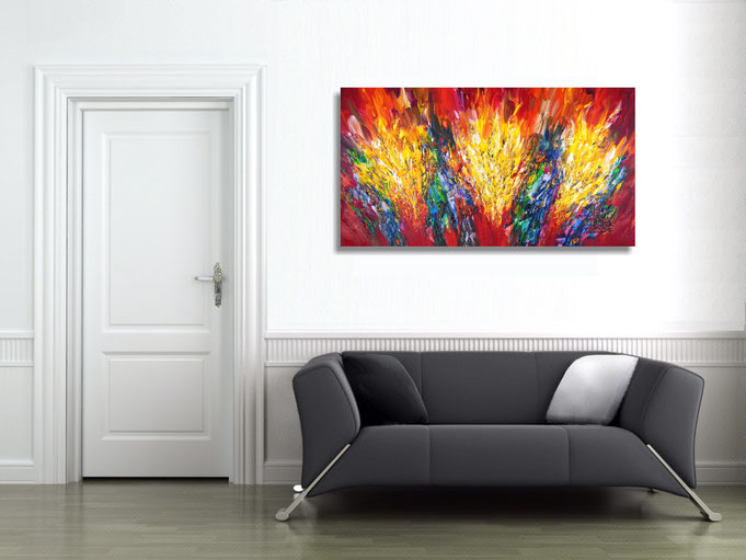 The abstract painting in the finished clamped to the wall .