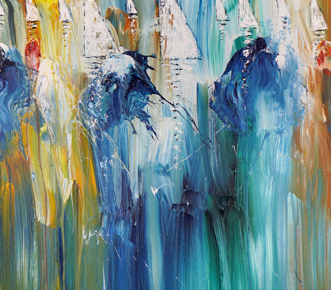 detail photo of the large vibrant sail boat painting