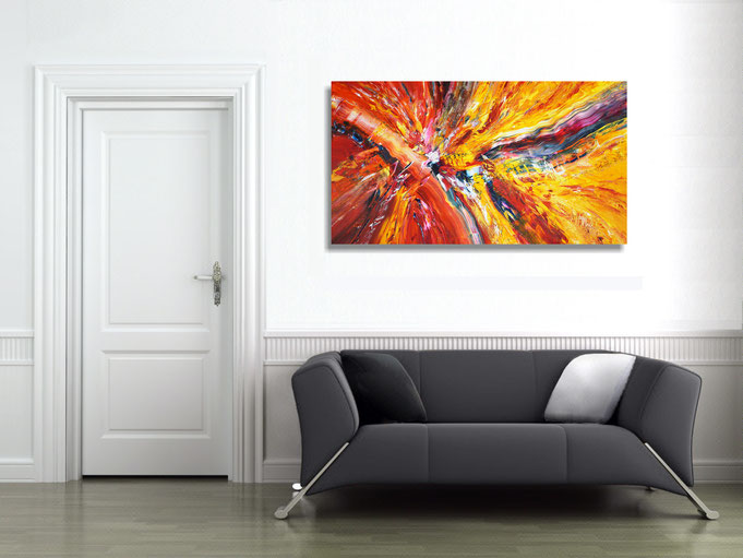 The abstract painting in the finished clamped to the wall .