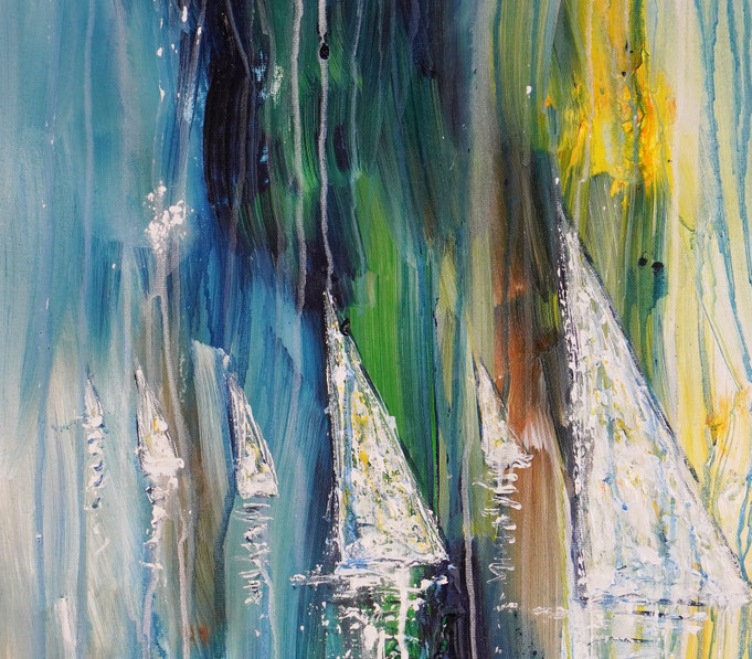 detail photo of the large vibrant sail boat painting
