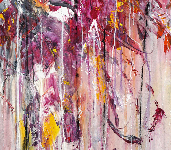 Detail of the abstract and detailed, red colorful painting. Acrylic on canvas