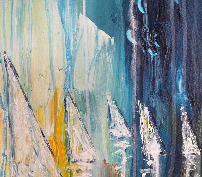detail photo of the large vibrant sail boat painting