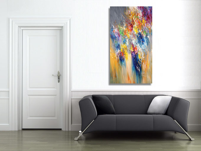The abstract painting in the finished clamped to the wall .