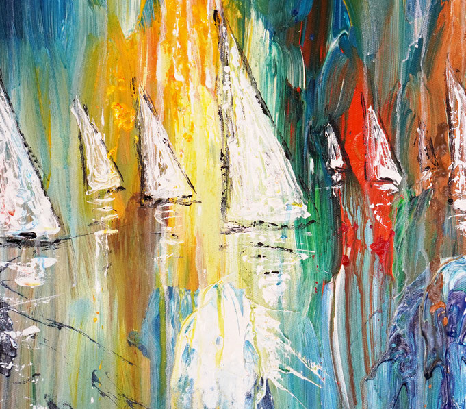 detail photo of the large vibrant sail boat painting