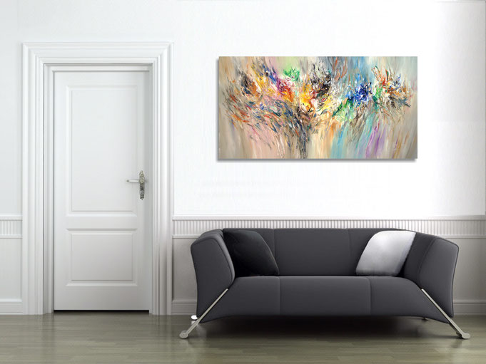 The abstract painting in the finished clamped to the wall .