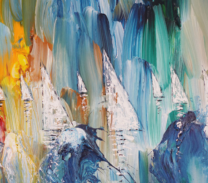 detail photo of the large vibrant sail boat painting