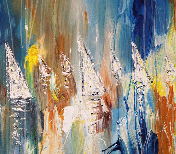 detail photo of the large vibrant sail boat painting