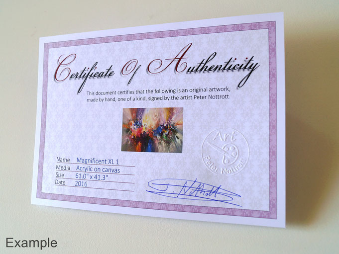 Example of a certificate of authenticity, signed by Peter Nottrott