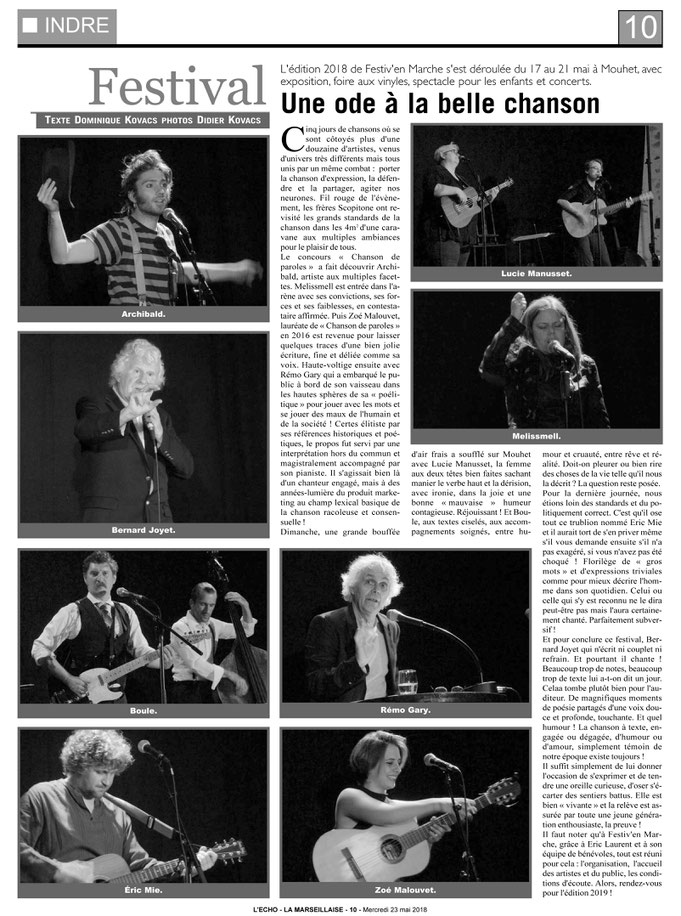 Extrait d'un article de Dom Kovacs sur le festival de chanson "Festiv'en Marche" paru dans L'ECHO - LA MARSEILLAISE du Mercredi 23 Mai 2018