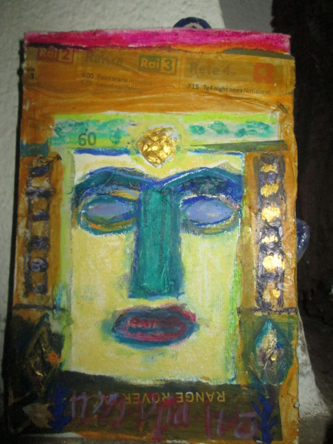 Atargatis, syrische Göttin, Collage, Eitempera, Pastellstifte, 2016