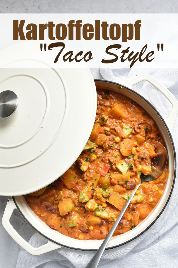 Kartoffeltopf Taco Style, ähnlich wie ein Chili con Carne, aber mit Kartoffeln und Avocado und Frischkäse, gekocht im Thermomix, Familienküche, einfach und lecker