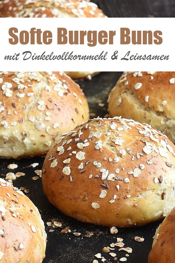 Softe Burger Buns mit Dinkelvollkornmehl und Leinsamen, leicht rustikale Anmutung, bleiben aber soft, nussiger Geschmack durch das Dinkelmehl und den Leinsamen, vegan möglich, Thermomix Rezept