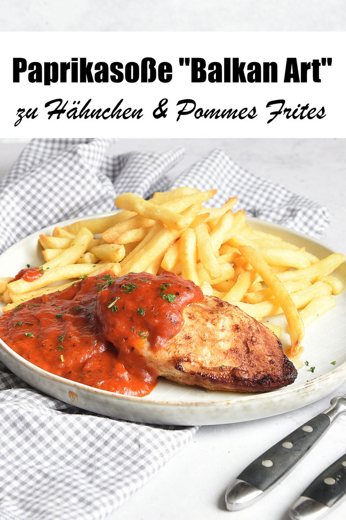 Paprikasoße Balkan Art, ähnlich wie Homann Paprikasauce, aber selbst gemacht mit Paprika, Tomatenmark, Wasser, Essig, Gewürzgurken etc, kann auch auf Vorrat eingekocht werden, zu Hähnchen oder Schnitzel sowie Pommes