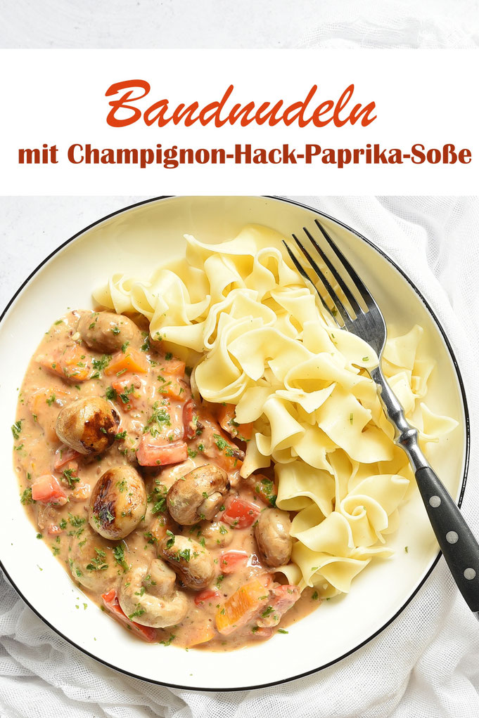 Bandnudeln oder andere Nudeln mit brauner Soße mit Pilzen, Paprika und Hack, einfach und lecker, Familienkost, Familienküche, Mittagessen, Feierabendküche, Thermomix, vegetarisch und vegan machbar