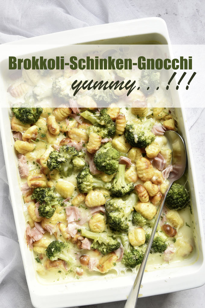 Brokkoli Schinken Gnocchi aus dem Ofen, Gnocchi in einer cremigen Soße mit Brokkoli, vegetarisch und vegan möglich, Mittagessen, Familienküche, Ofengericht, Soße aus dem Thermomix
