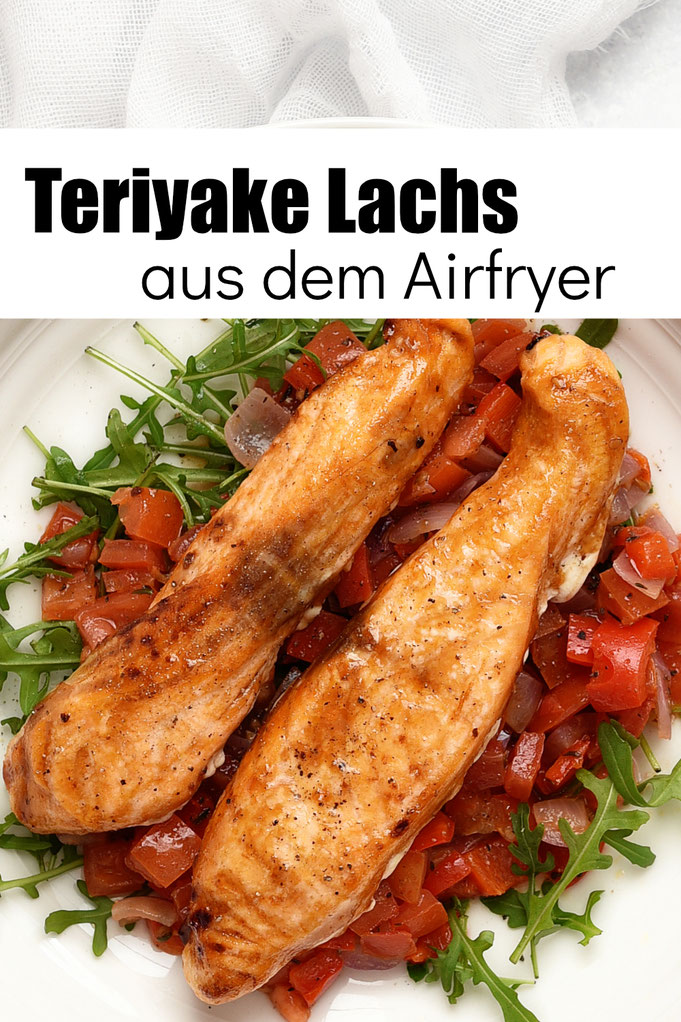 Teriyake Lachs aus dem Airfryer auf Tomatensalsa mit Rucola, Proteinreiches Abendessen, einfach und lecker, Rezept