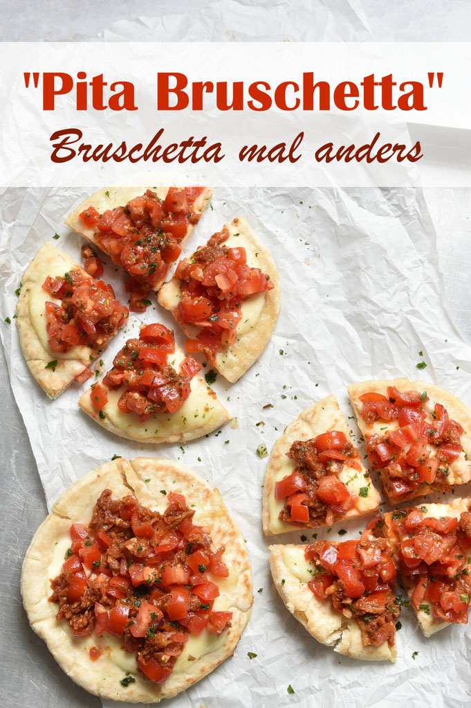Pita Bruschetta, Bruschetta mal anders, mit getrockneten Tomaten in Öl, Cherrytomaten, Mozzarella, Airfryer oder Backofen, Thermomix, Vorspeise, Snack