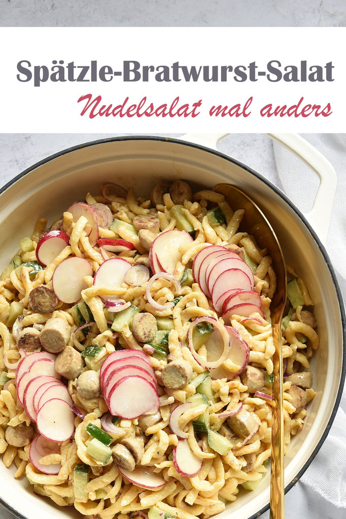 Spätzle Bratwurst Salat mit Gurken und Radieschen, Nudelsalat mal anders, mit Senf-Balsamico Dressing, einfach und unkompliziert und sehr lecker, vegetarisch und vegan machbar, Dressing aus dem Thermomix