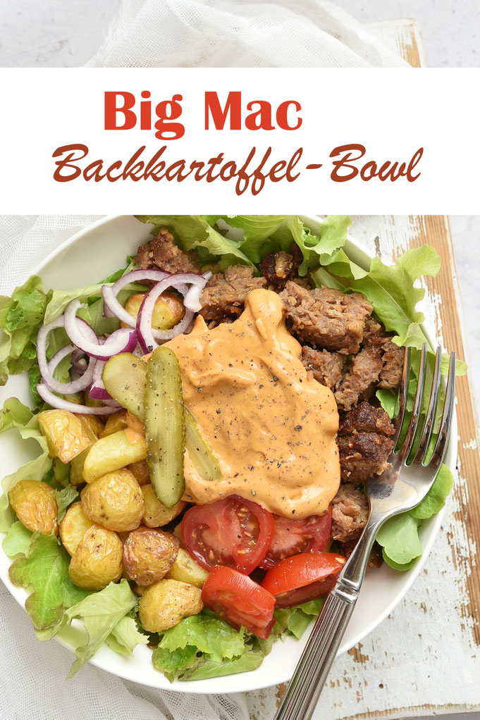 Big Mac Backkartoffel Bowl mit Salat, Kartoffeln, Tomaten, Hack oder Veggie-Alternative, Zwiebeln, Gewürzgurken und Burgersoße, perfekt bei heißem Sommerwetter, vegetarisch und vegan machbar, Thermomix