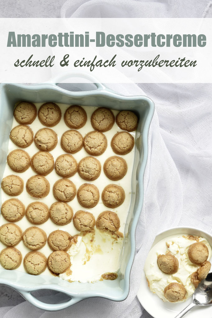 Amarettini Dessertcreme, der Clou: die Creme mit Mascarpone und Quark weicht die Kekse auf, sodass sie dann mit der Creme verschmelzen und es einfach nur lecker schmeckt! Creme im Thermomix glatt gerührt.
