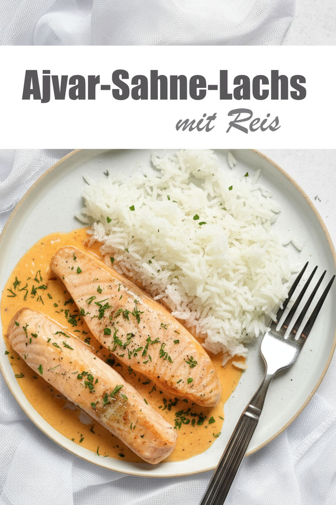 Lachs mit Ajvar-Sahne-Soße zu Reis, Lachs aus dem Airfryer, Soße aus dem Thermomix, Reis auf dem Herd gekocht, Familienküche, einfach und lecker