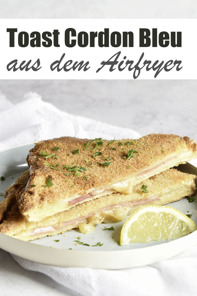 Toast Cordon Bleu aus dem Airfryer, Sandwich Toast flach rollen, Käse und Schinken dazwischen legen, nochmal flach rollen, dann panieren und im Airfryer garen, funktioniert auch vegetarisch oder vegan