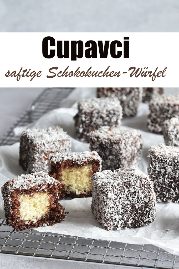 Cupavci saftige Schokokuchenwürfel, Kuchenwürfel werden in einer Schokomilch getränkt und in Kokosraspeln gewälzt, Thermomix Rezept