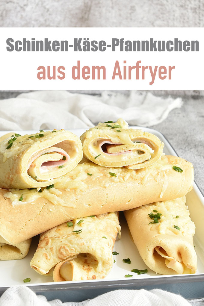 Schinken Käse Pfannkuchen aus dem Airfryer, Pfannkuchen mit Schmand bestrichen und mit Käse und Schinken oder vegetarischem Schinken Spicker belegt, eingerollt und im Airfryer gebacken, PFannkuchen aus dem Thermomix, einfach und lecker, Schulsnack