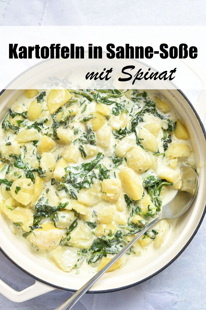 Kartoffeln in Sahnesoße mit Spinat, dazu Proteinquelle nach Wahl - entweder Fleisch, Fisch, Fischstäbchen oder Spiegeleier bzw. Tofu-Geschnetzeltes, vegetarisch und vegan machbar, Rezept, Familienküche