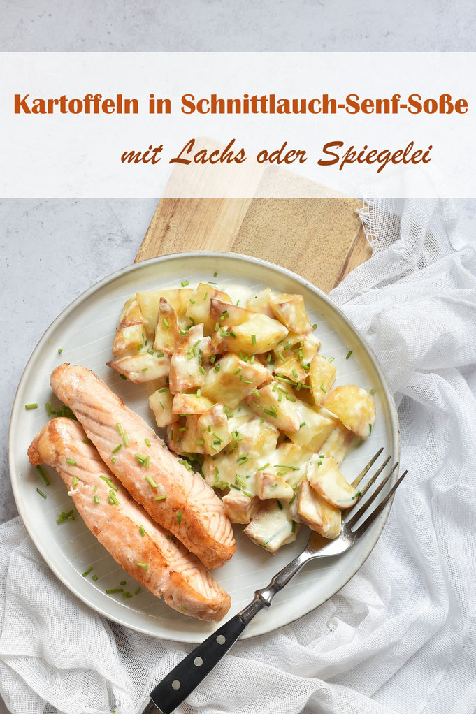 Kartoffeln mit Schnittlauch-Senf-Soße und Lachs bzw. Spiegelei, Airfryer, Thermomix, einfache Rezepte, lecker, Familienküche