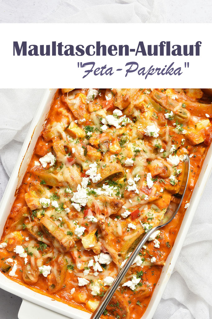 Maultaschen Auflauf "Feta Paprika" - Soße mit Tomaten, Feta, Ajvar, Sahne, wird über Paprikawürfel, Zucchiniwürfel und Maultaschen gegeben und im Ofen gebacken, Soße aus dem Thermomix, leckeres Mittagessen, Familienrezept, Familienkost