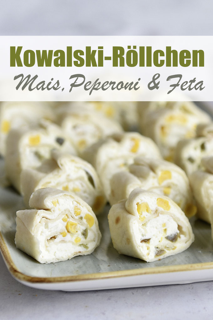 Fingerfood mit Tortilla Wraps gemacht, die Füllung ist eine Feta-Creme mit Mais und Peperoni bzw. Jalapenos, mild, pikant oder scharf, ganz nach persönlichem Geschmack, Buffet-Ideen, Thermomix Rezept, einfach und lecker