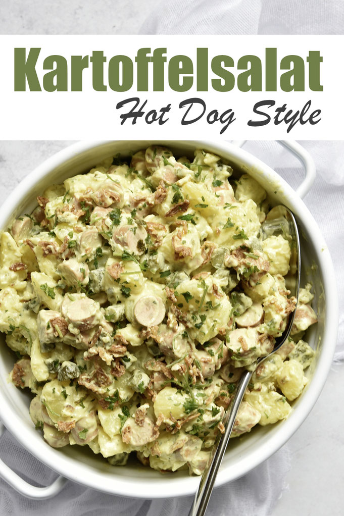 Kartoffelsalat Hot Dog Style, das Dressing ist quasi Hot Dog Soße, die Würstchen und Gewürzgurken in Scheiben schneiden, mit den Kartoffeln und Röstzwiebeln vermischen, Dressing aus dem Thermomix, Kartoffelsalat mal anders