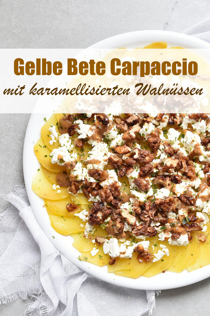 Gelbe Bete Carpaccio mit Feta und gebrannten Walnüssen aus dem Airfryer, leckeres Rezept für Vorspeisen oder Buffet Idee, Dressing aus dem Thermomix