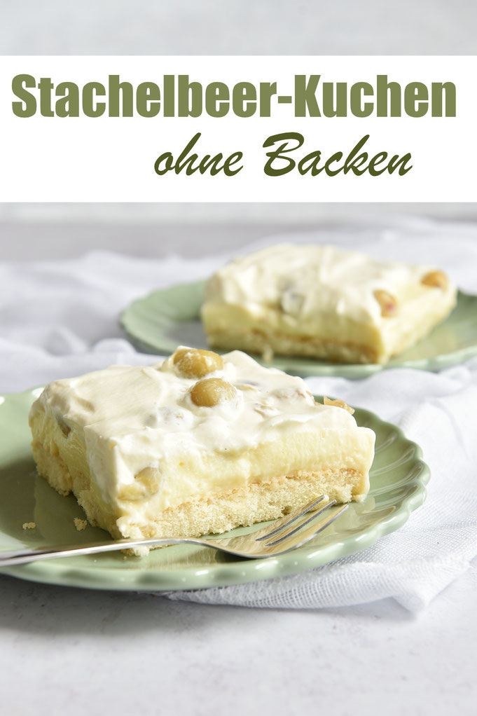 Stachelbeerkuchen ohne Backen, mit Löffelbiskuit, Vanillepudding und Sahne, z.B. mit dem Thermomix