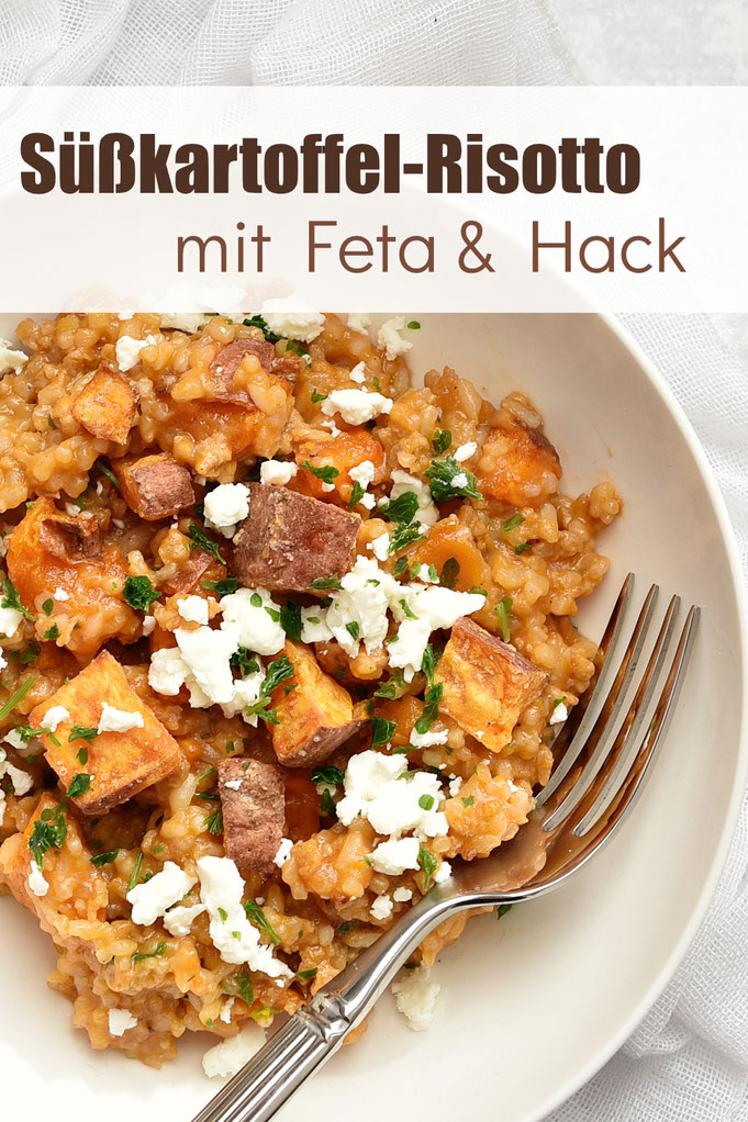 Süßkartoffel Risotto mit Hack und Feta, Risotto aus dem Thermomix, Hack aus der Pfanne, Süßkartoffel im Backofen oder Airfryer gegart, Familienküche, Rezepte, Gemüsekiste