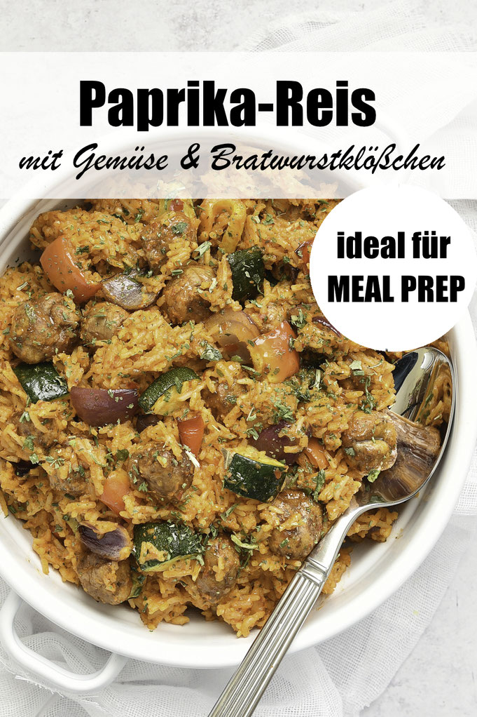 Paprika-Reis mit Gemüse und Bratwurstklößchen, vegan, vegetarisch oder regulär, ideal für Meal Prep, Thermomix-Rezept, Familienküche, einfach und lecker