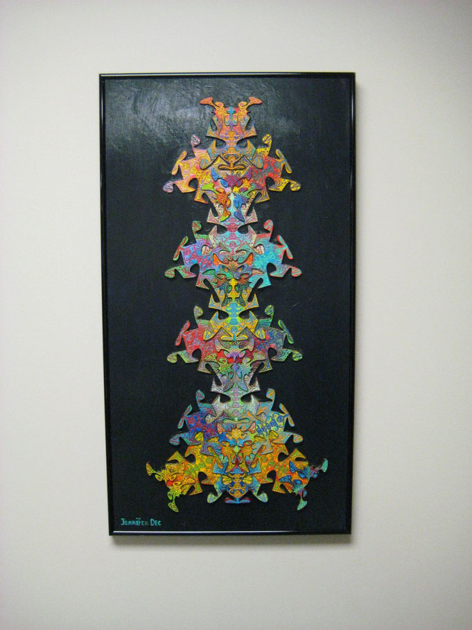 This original artwork is a tessellation created by Jen. It consists of many individually cut and hand painted pieces which interlock in a tessellated pattern.