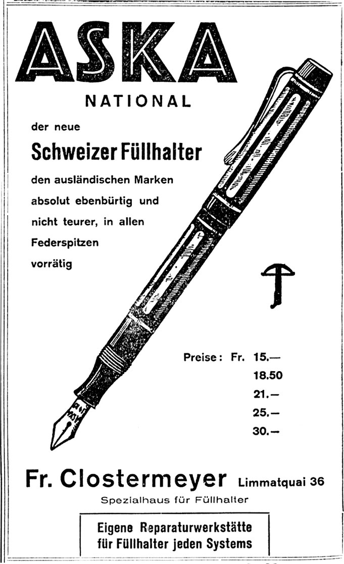 1934 Inserat der Papeterie Clostermeyer Zürich