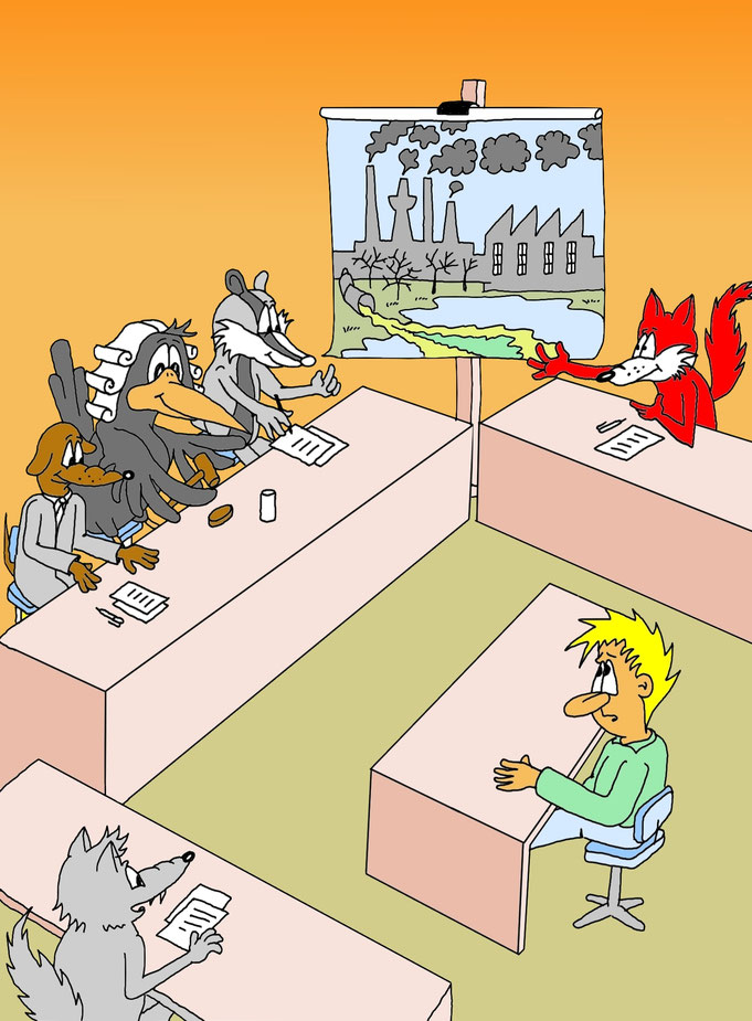 Karikatur Klimawandel, Klimaschutz, Tiere klagen an.
