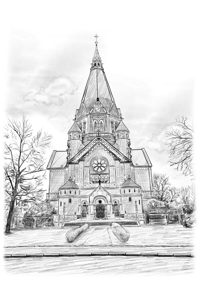 Trinitatiskirche Riesa, Bleistiftzeichnung, Bleistift Zeichnung