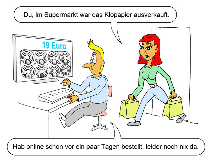 Karikatur Online Handel boomt, Toilettenpapier, Trickbetrüger, Coronakrise