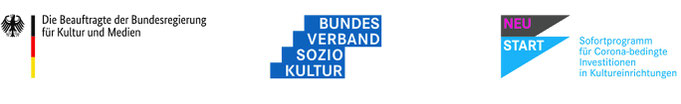 Logos der Förderer: Die Beauftragte der Bundesregierung für Kultur und Medien, Bundesverband Soziokultur, Neustart Sofortprogramm für Corona-bedingte Investitionen in Kultureinrichtungen