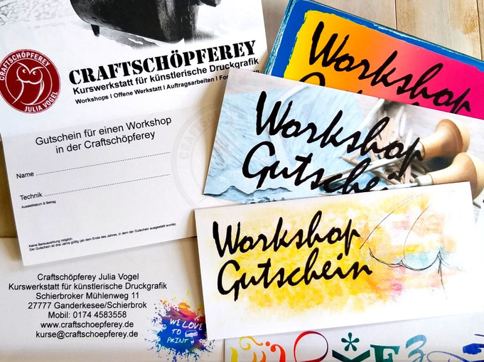 Bild eines Gutscheins für Siebdruck-Kurse und mehr in der Druckwerkstatt Ganderkesee.