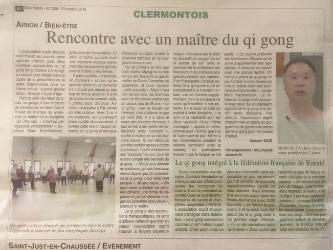 Article paru dans Oise Hebdo du 23 octobre 2019 suite au stage du 19-20 octobre à Clermont dans l'Oise