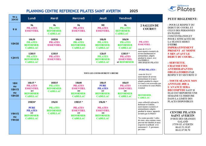 Planning Centre Référence Pilates Saint-Avertin
