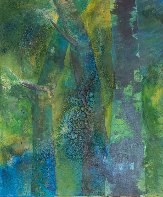 Margret Fischer, Malerei, abstrakt,  Baumstämme Acryl, blau, grün