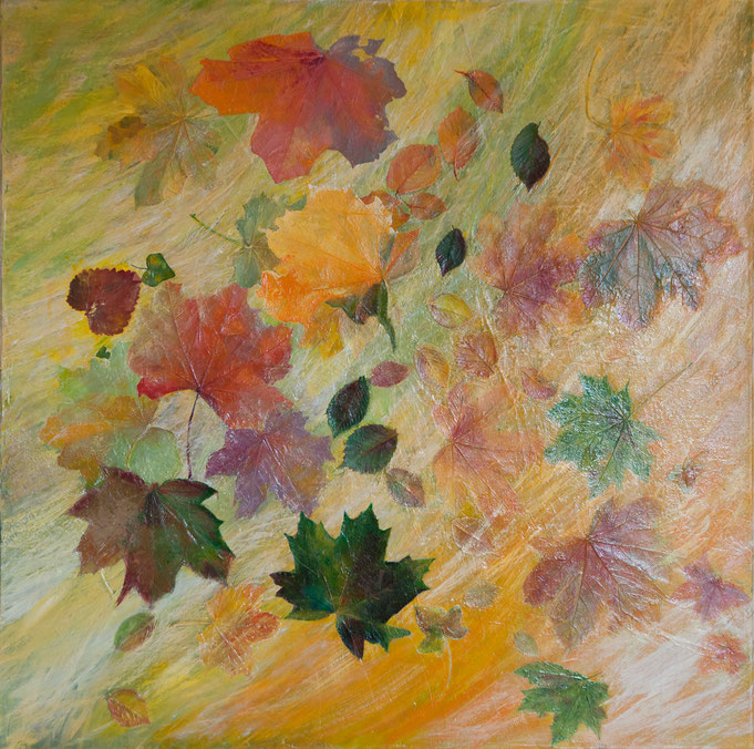 Margret Fischer, Malerei, abstrakt,  Acryl, schwarz, gelb, grün, orange, Herbstfarben, Blätter, Ahorn, Laub